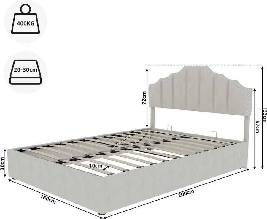 Merax 160x200cm Gestoffeerd Bed – Beige – Comfortabel Hoofdeinde – Hoog Bedframe met Hydraulische Mechanisme – Multifunctioneel Slaapmeubel – Matras Niet Inclusief - Foto 2