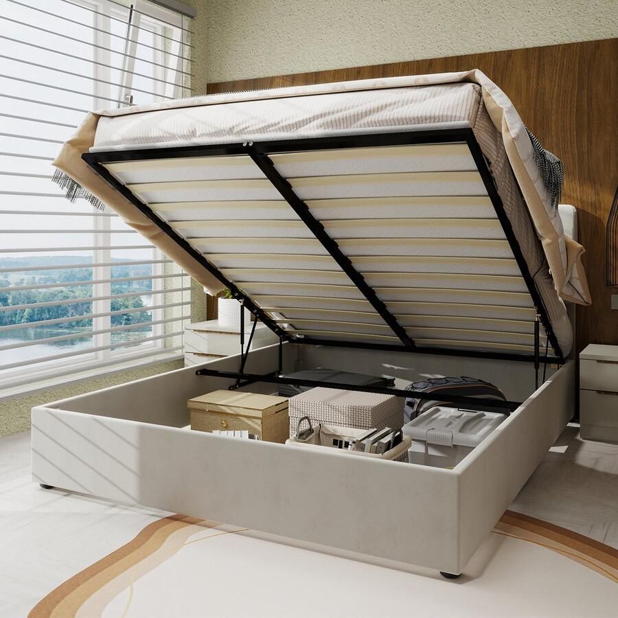 Merax 160x200cm Gestoffeerd Bed – Beige – Multifunctioneel Bed met Zacht Hoofdeinde en Hoge Opbergruimte met Gasveer – Matras Niet Inclusief