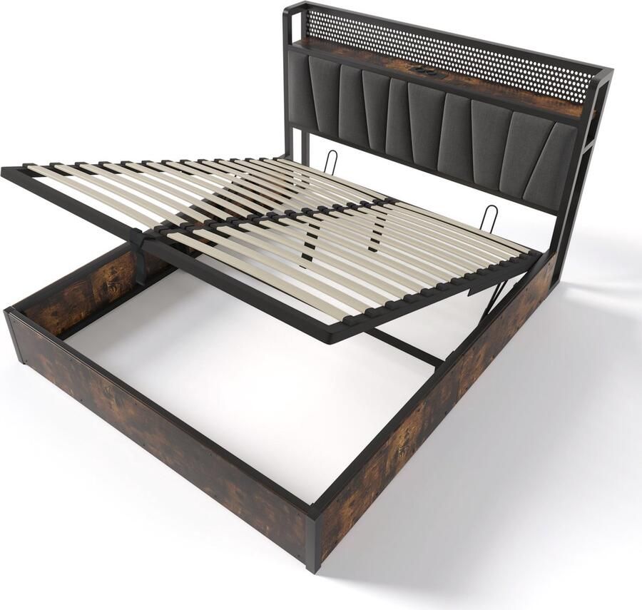 Merax 160x200cm Gestoffeerd Bed met LED-Verlichting en USB Type C Oplaadfunctie Stalen Bedframe met Houten Lattenbodem en 4 Schubladen Grijs (Met Matras)