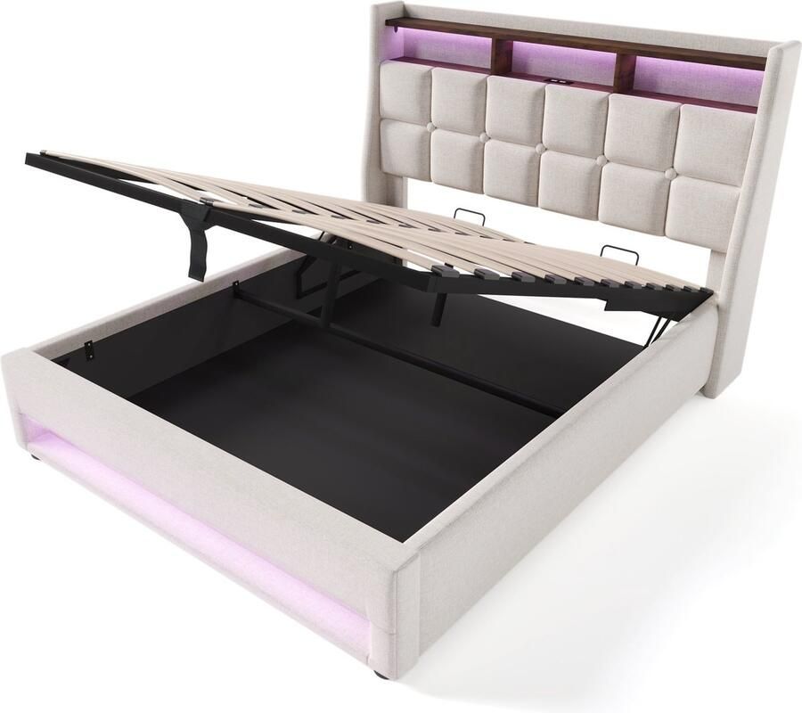 Merax 160x200cm Gestoffeerd LED Bed met USB Matras en Lattenbodem Beige