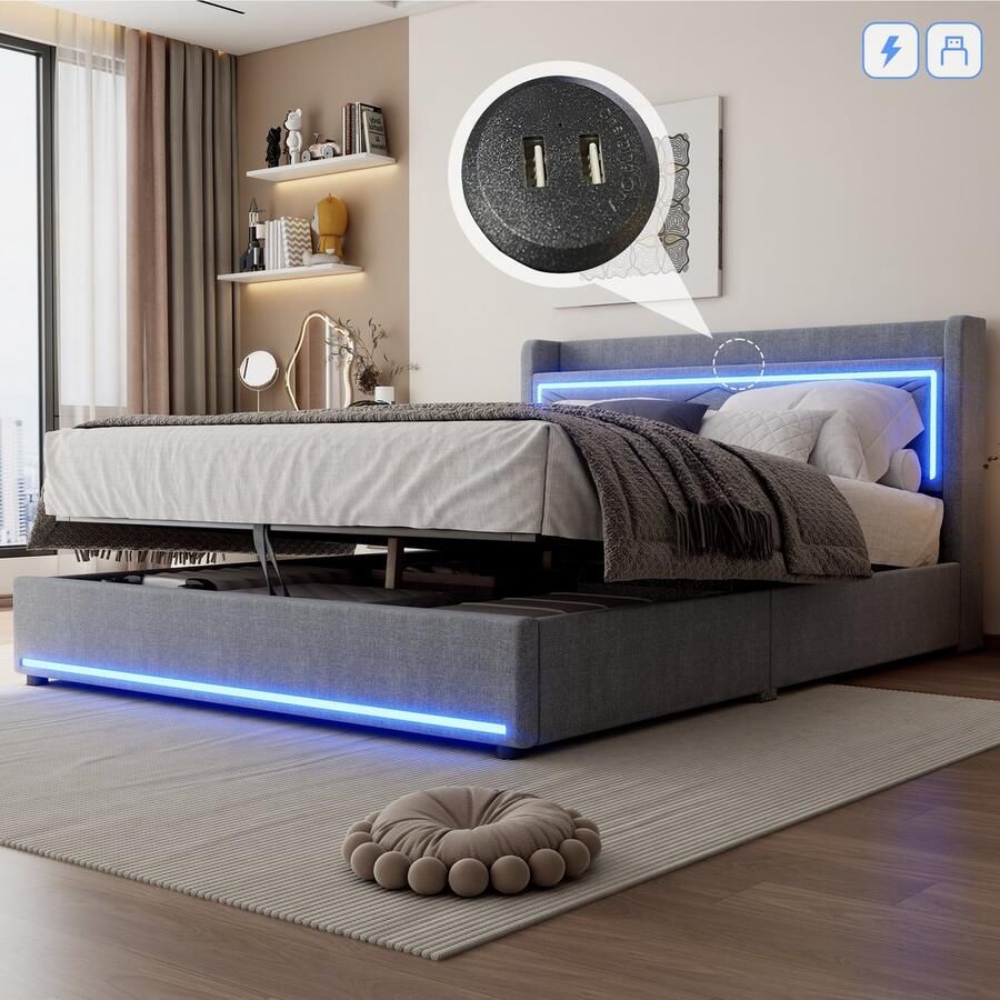 Merax 160x200cm plat bed met LED-verlichting APP verstelbaar bed kan worden opgetild USB-poort grote opbergruimte grijs geen matras