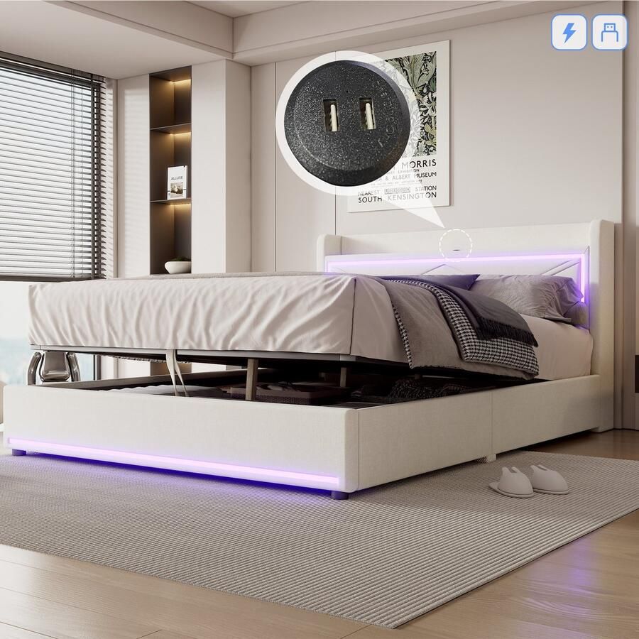 Merax 160x200cm plat bed met LED-verlichting APP verstelbaar bed kan worden opgetild USB-poort grote opbergruimte beige geen matras