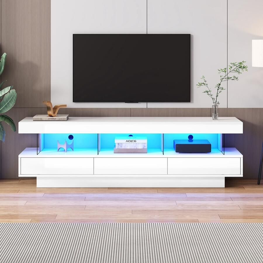 Pugsdrly witte hoogglans tv-kast 160 38 50 5 cm met 3 glazen vakken led-verlichting app-bediening Bluetooth-verbinding voor 70 inch tv hoogglans met glazen tv-standaard smart tv-kast
