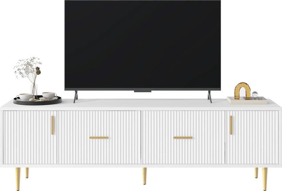 Merax 170 cm TV-Meubel voor 70 Inch TV met 2 Deuren en 2 Lades Stijlvol Design Kast met Gouden Grepen en Poten