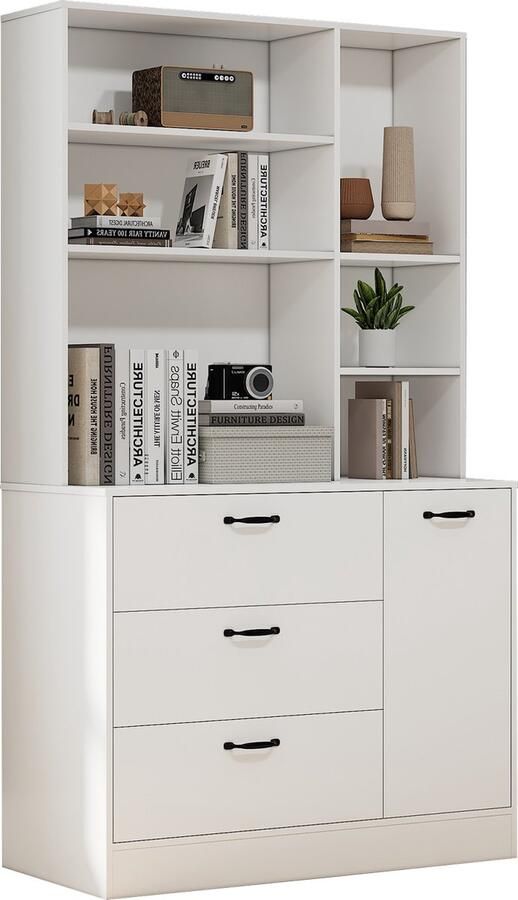 Merax 178 cm Vitrinekast en Buffetkast Wit Keukenkast met Schuifladen Open Vakken en Verstelbare Planken Ideaal voor Keuken Woonkamer of Eetkamer