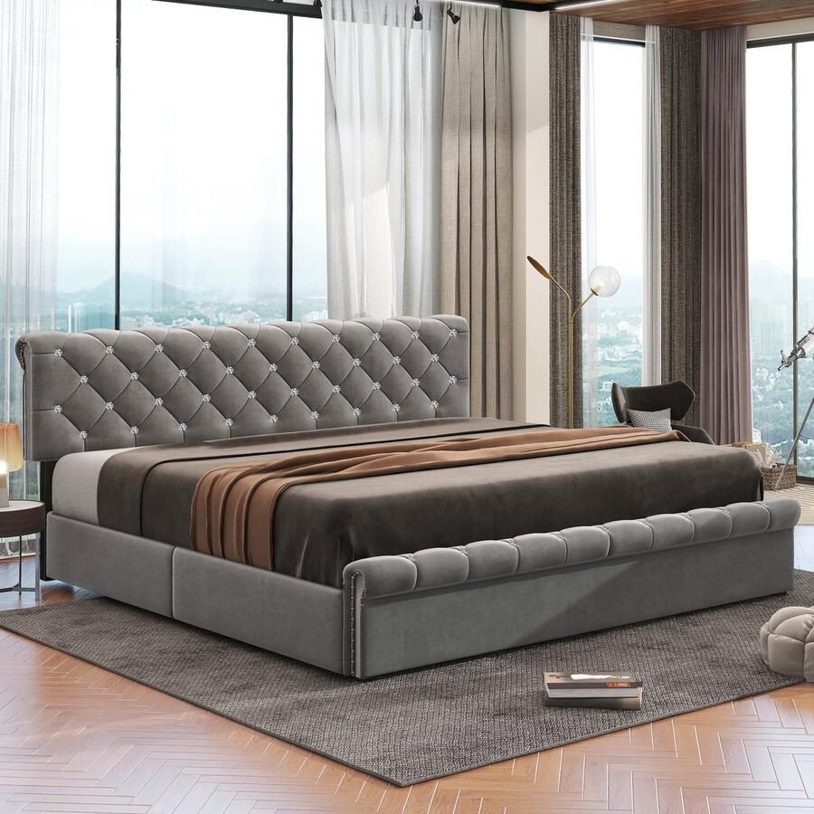 Merax 180 x 200 cm Gestoffeerd bed met veel opbergruimte Tweepersoonsbed opbergbed Verstelbaar hoofdeinde Zonder matras Grijs