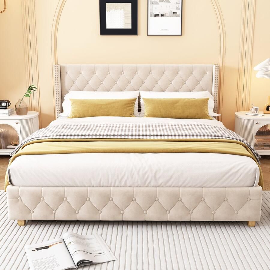 Merax 160 x 200 cm Gestoffeerd bed Tweepersoonsbed Houten poten Zonder matras Fluweel Beige