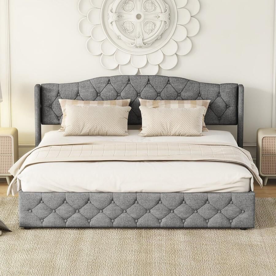 Merax 180 x 200 cm tweepersoonsbed multifunctioneel plat bed met hydraulische opbergruimte grijs zonder matras