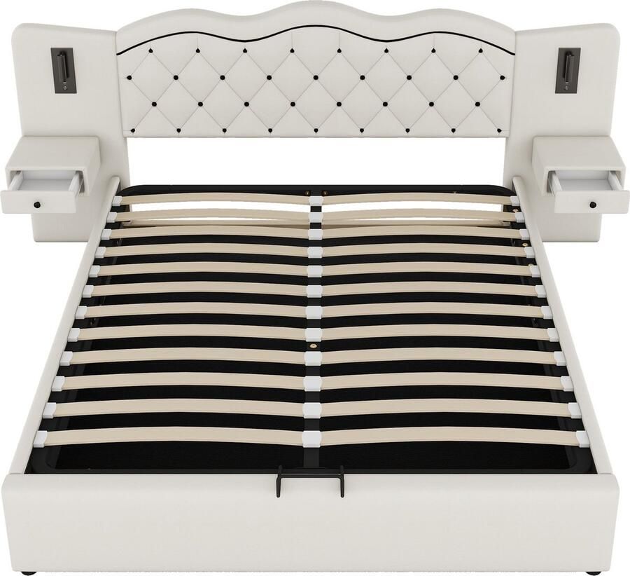 Merax 180x200 Kingsize Bed Beige Tweepersoonsbed met Geïntegreerd Hoofdbord Hydraulisch Opbergsysteem USB-poorten Verlichting en Opbergruimte - Foto 2