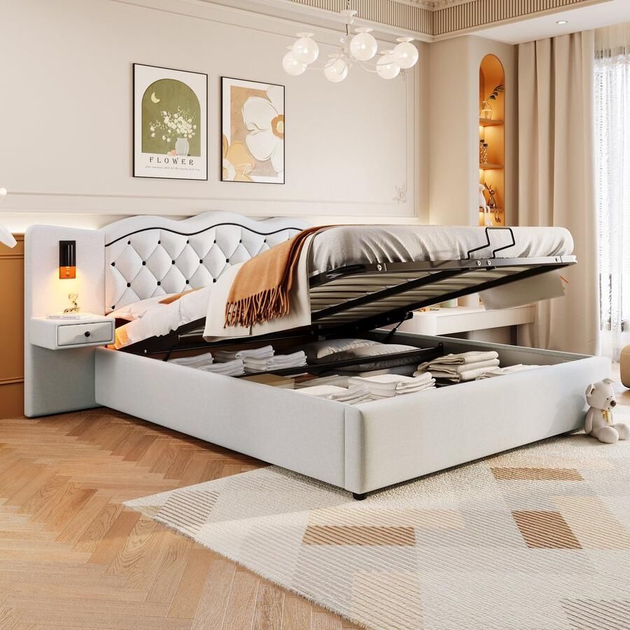 Merax 180x200 cm gestoffeerd bed ingebouwd hoofdeinde USB-aansluiting twee bedlampjes met opbergruimte beige zonder matras