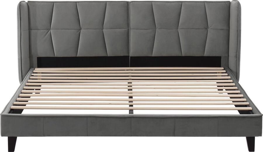 Merax 180x200 cm Gestoffeerd Kingsize Bed met Hoofdbord Houten Lattenbodem en Eenvoudige Montage Grijs Velvet Geschikt voor Volwassenen en Tieners - Foto 2
