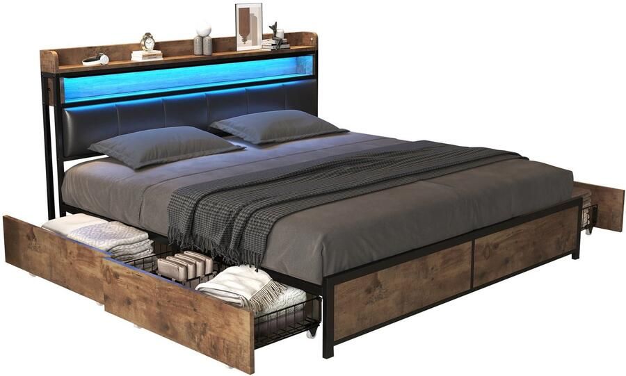 Merax Gestoffeerd Bed 160x200 cm met LED-Verlichting en 4 Opberglades Slaapbank met Stijlvol Hoofdbord en Opbergruimte Zwart
