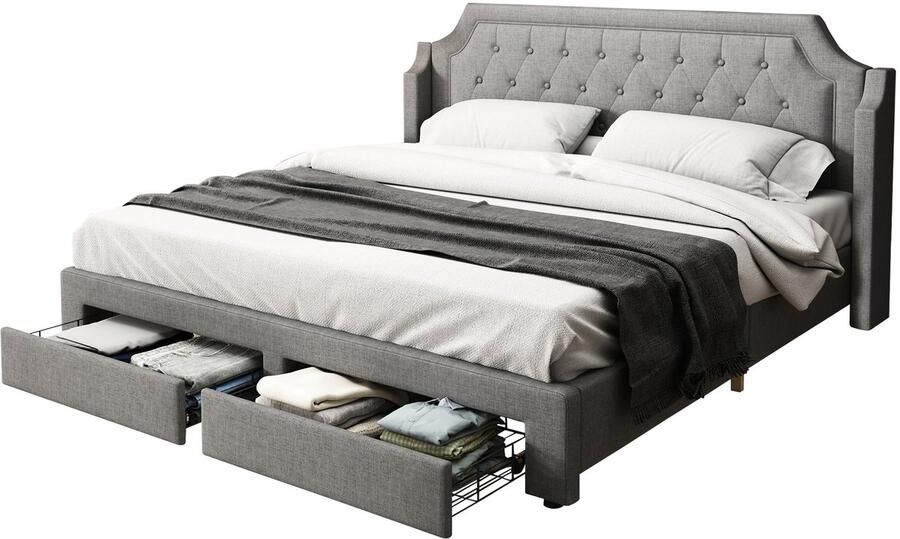 Merax 180x200 cm Gestoffeerd Bed met Lattenbodem en LED-Verlichting Slaapbed voor Volwassenen en Jongeren Grijs