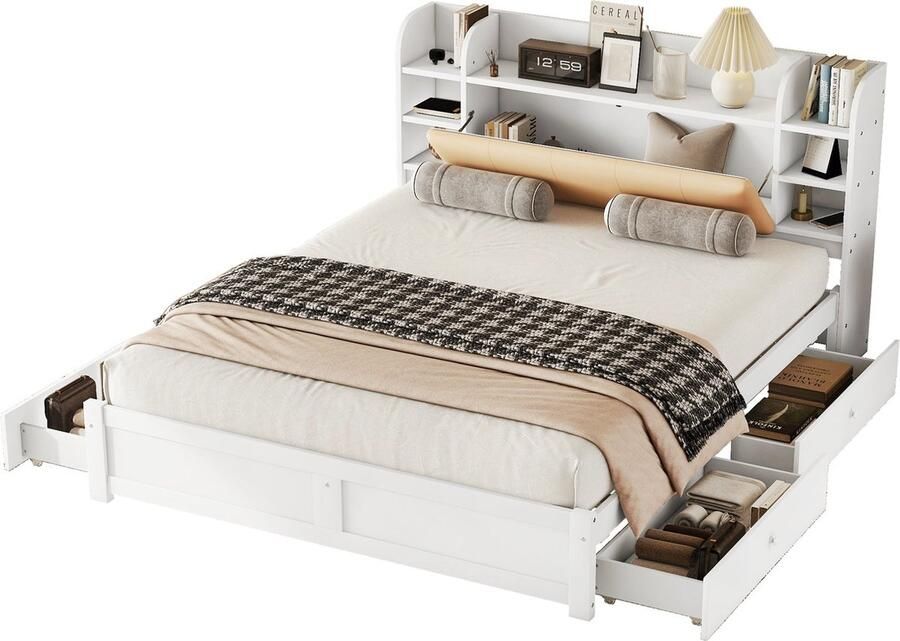 Merax 180x200 cm Houten Bed met Opbergruimte – Wit Met Opvouwbaar Hoofdbord 4 Lades en Meerdere Opbergvakken
