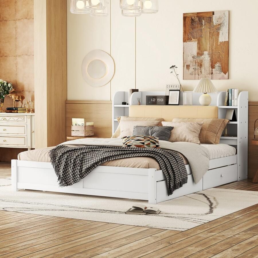 Merax 180x200 cm tweepersoonsbed gedeeltelijk opklapbare hoofdeind vier lades met opbergruimte wit zonder matras