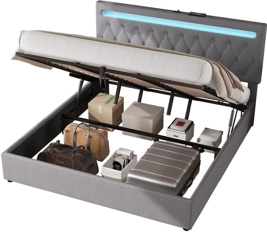 Merax Kingsize Tweepersoonsbed 180x200 cm met LED-Verlichting via Afstandsbediening en USB Aansluiting Luxe Gestoffeerd Bed met Hydraulische Opbergruimte Grijs