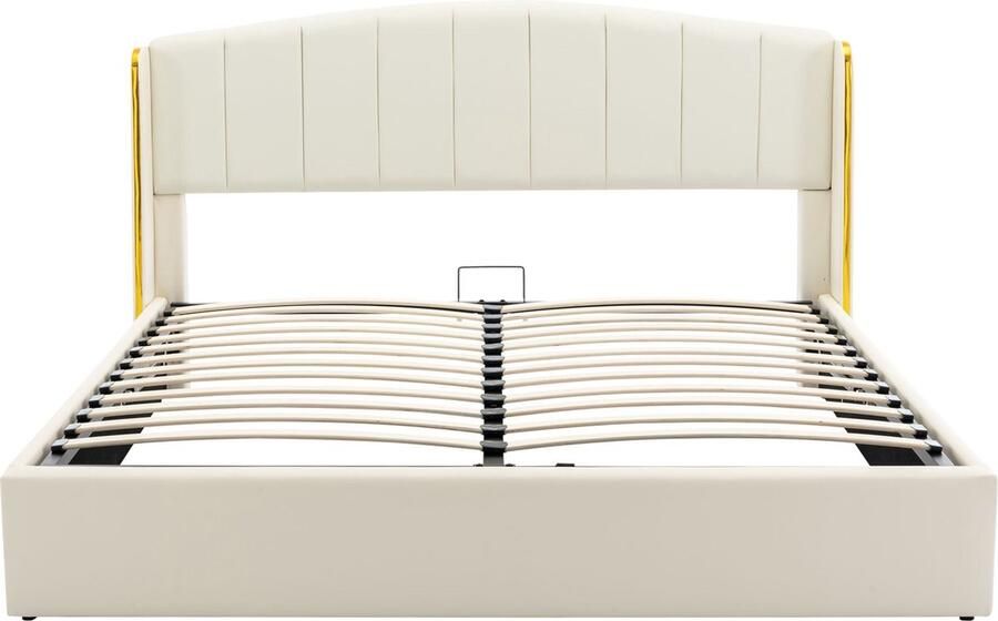 Merax 180x200cm Gestoffeerd Bed met Hydraulisch Systeem Opbergruimte Goudomrand Oorontwerp Inclusief Lattenbodem en Hoofdbord Zonder Matras Crème