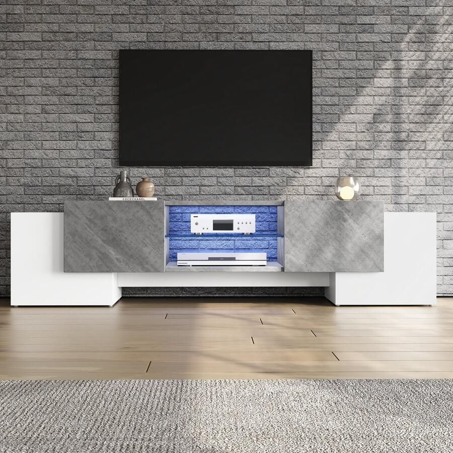 Merax 180x40x46.5cm Zuiver Wit & Grijs Tv-meubel Lage Plaat TV-Kast voor Woonkamer