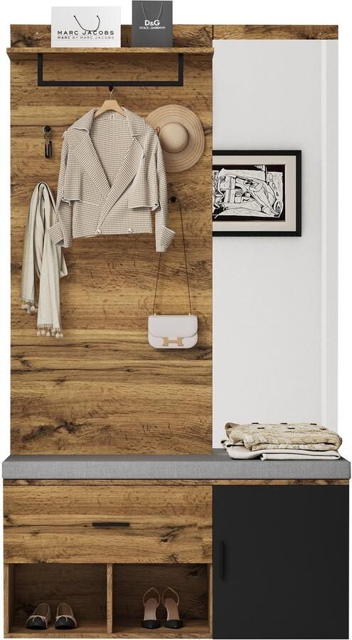 Merax 190 cm Garderobenset in Eikenkleur met Spiegel Schuhbank (104 x 39 cm) met Kussen Schoenenkast Lade Rek en Kleerhaken – Praktisch Ontwerp voor de Hal - Foto 2