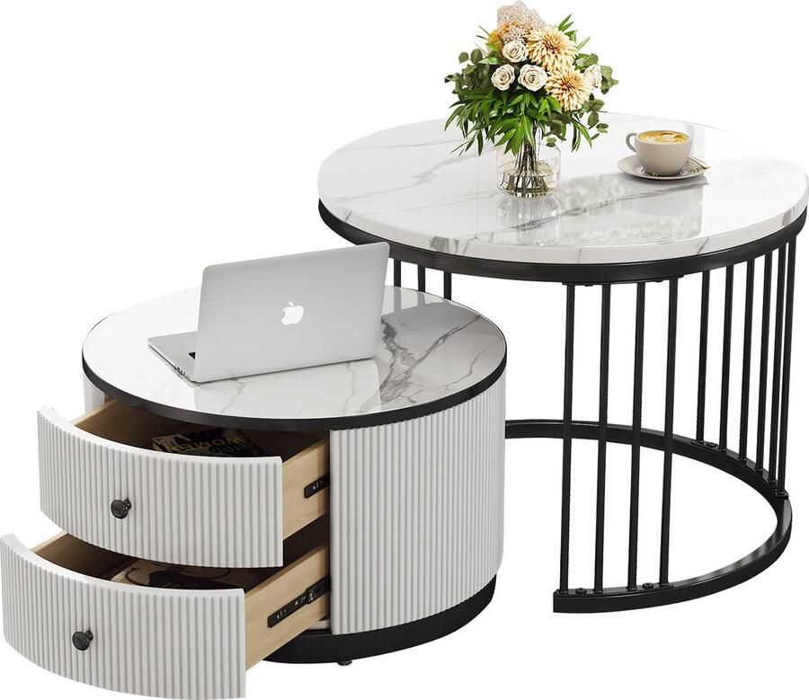 Merax Elegant 2-delig Salontafel Set met Hoogglanzend Marmerlook Bijzettafels Set van 2 met Lades Wit met Zwart - Foto 2