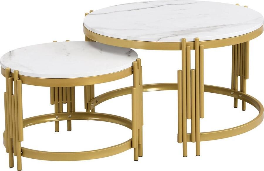 Merax Salontafel Set van 2 Wit Marmerlook met Gouden Metalen Frame Salontafels Rond Nestbaar Moderne Bijzettafels - Foto 2