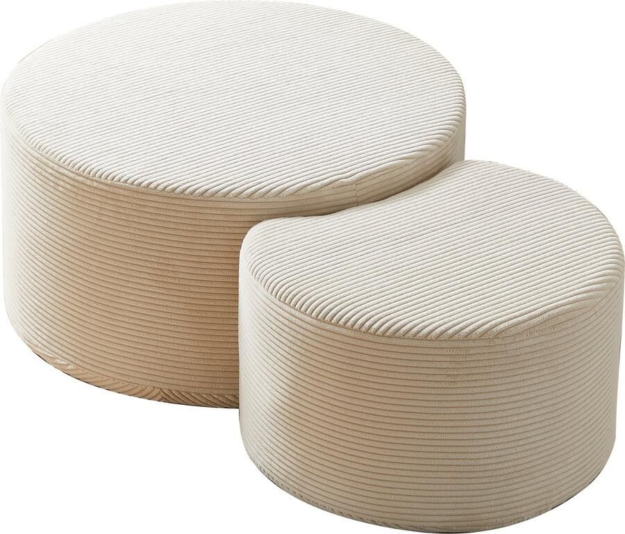 Merax 2-delige Ronde Salontafel Set – Gevuld met Schuim – Bijzettafels en Ottoman – Beige – Direct Gebruiksklaar