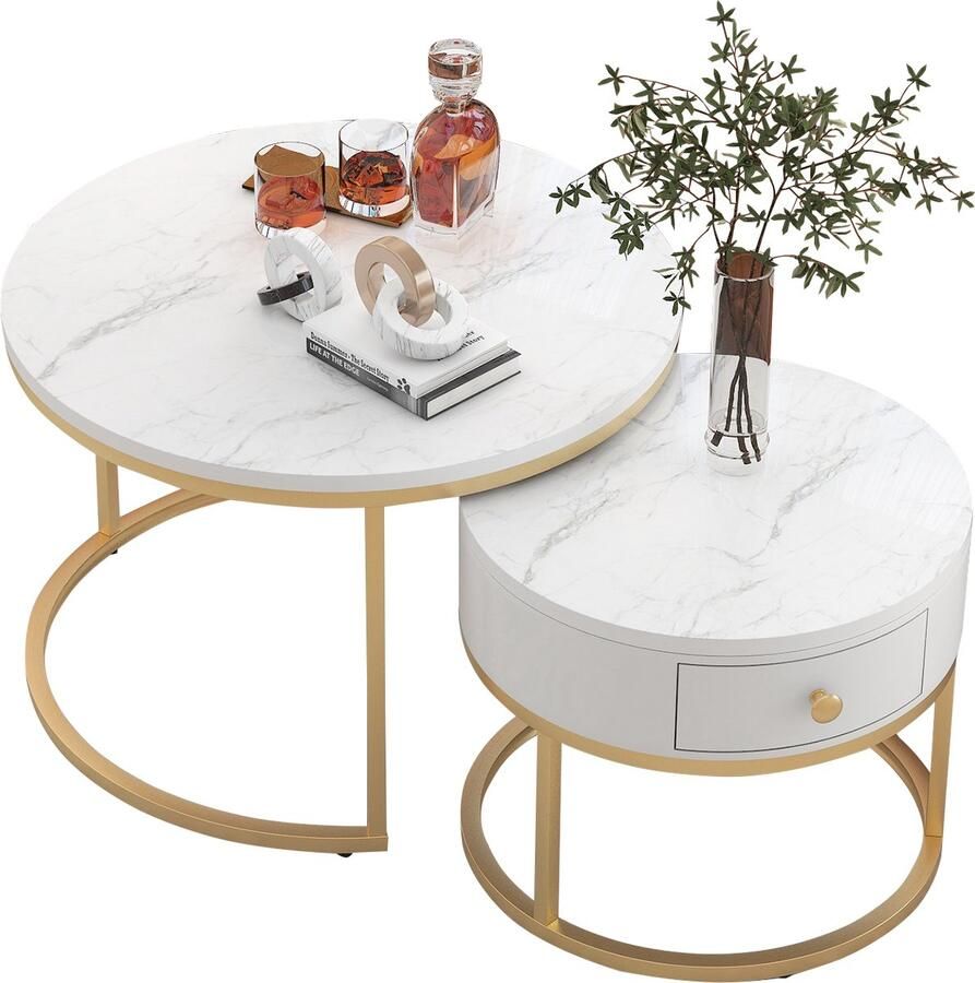 Merax 2-delige Ronde Salontafel Set – Nesting Tafel – Hoogglans Wit met Marmerlook – Goudkleurig Metalen Frame – 70 & 50 cm – Ruimtebesparend Design