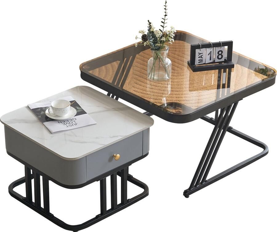 Merax 2-delige Salontafel Set – Teal Glas & Marmerlook Tafelblad – Met Massief Houten Lade – Modern Design – 70 & 50 cm – Bruin Wit en Zwart