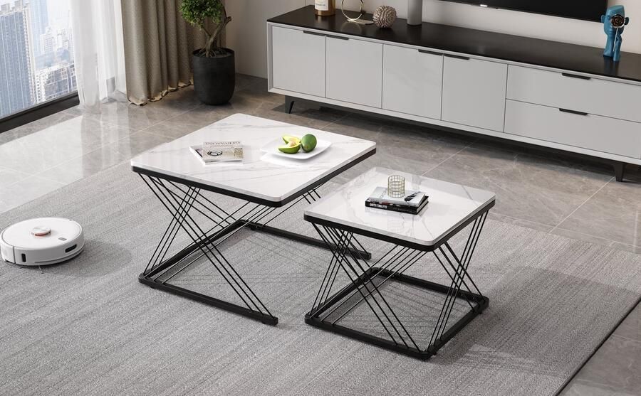 Merax 2-delige Salontafel Set – Vierkant – Bijzettafels Marmerlook Tafelbladen met Hoogglans – Verstelbare Pootjes – 60x60x45 cm en 45x45x40 cm – Wit MDF