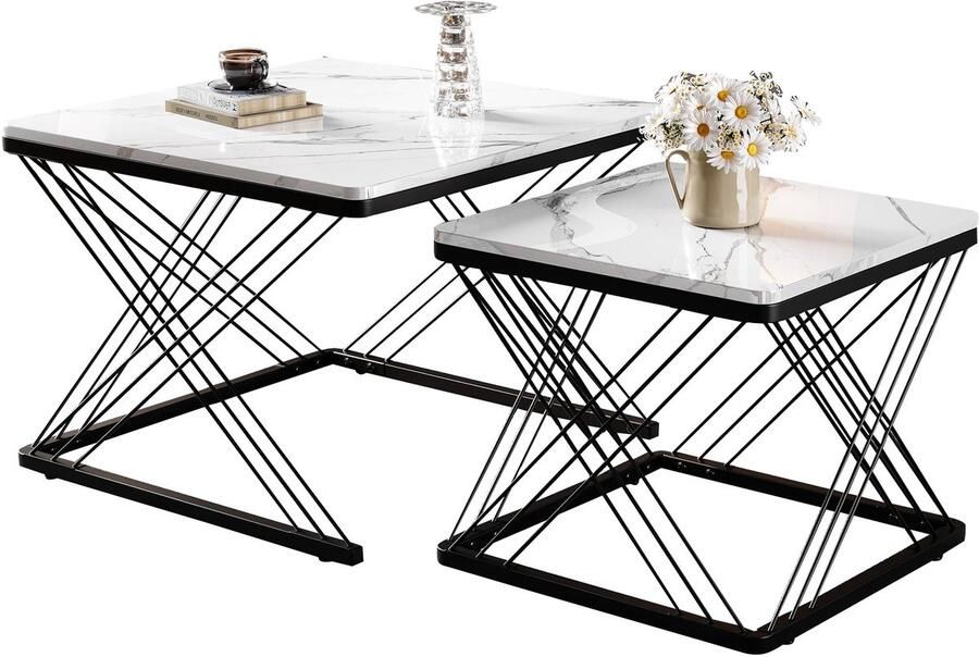 Merax 2-delige Salontafel Set – Vierkant – Bijzettafels Marmerlook Tafelbladen met Hoogglans – Verstelbare Pootjes – 60x60x45 cm en 45x45x40 cm – Wit MDF - Foto 2