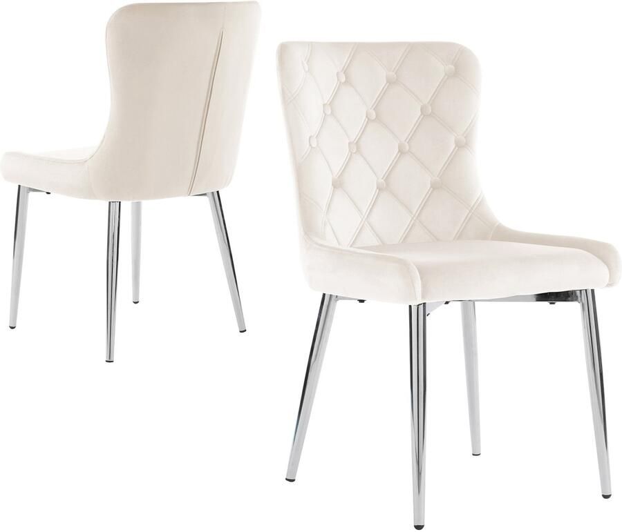 Merax 2-delige Set Eetkamerstoelen met Rugleuning Fluwelen Bekleding Ergonomische Stoelen met Verchroomde Metalen Poten Wit