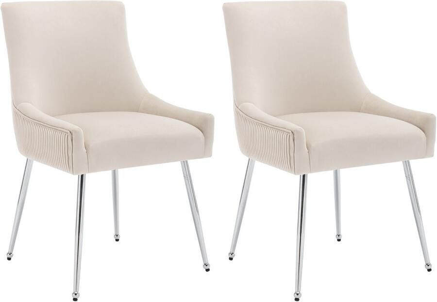 Merax 2-delige Set Eetkamerstoelen met Verticale Strepen Gestoffeerde Zitting Stalen Poten met Handgreep Moderne Lounge stoel Beige voor Woonkamer en Slaapkamer