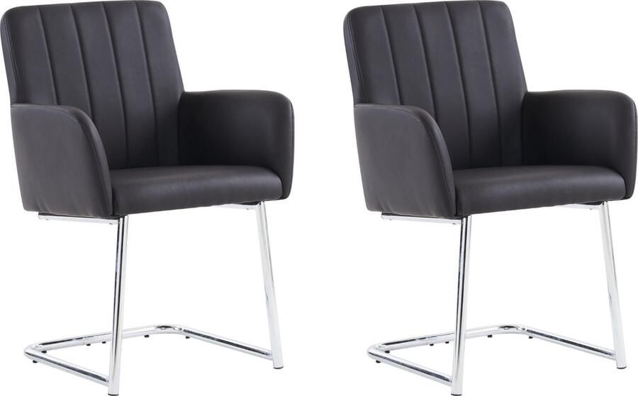 Merax 2-delige Set Eetkamerstoelen met Verticale Strepen Kunstleer en Z-vormige Metalen Poten Zwart - Foto 2