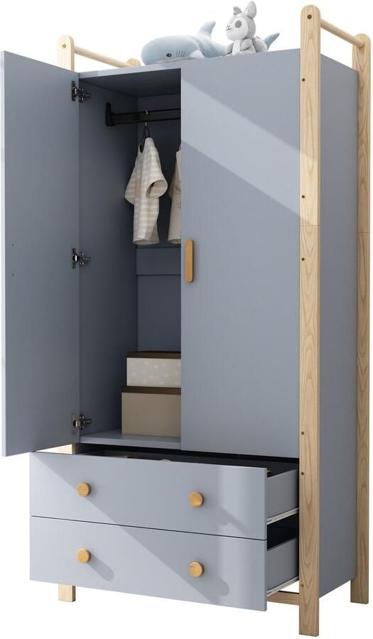 Merax 2-Deurs Kledingkast Garderobekast met Kledingroede en 2 Laden Houten Frame Blauw en Beige 90x45x180 cm