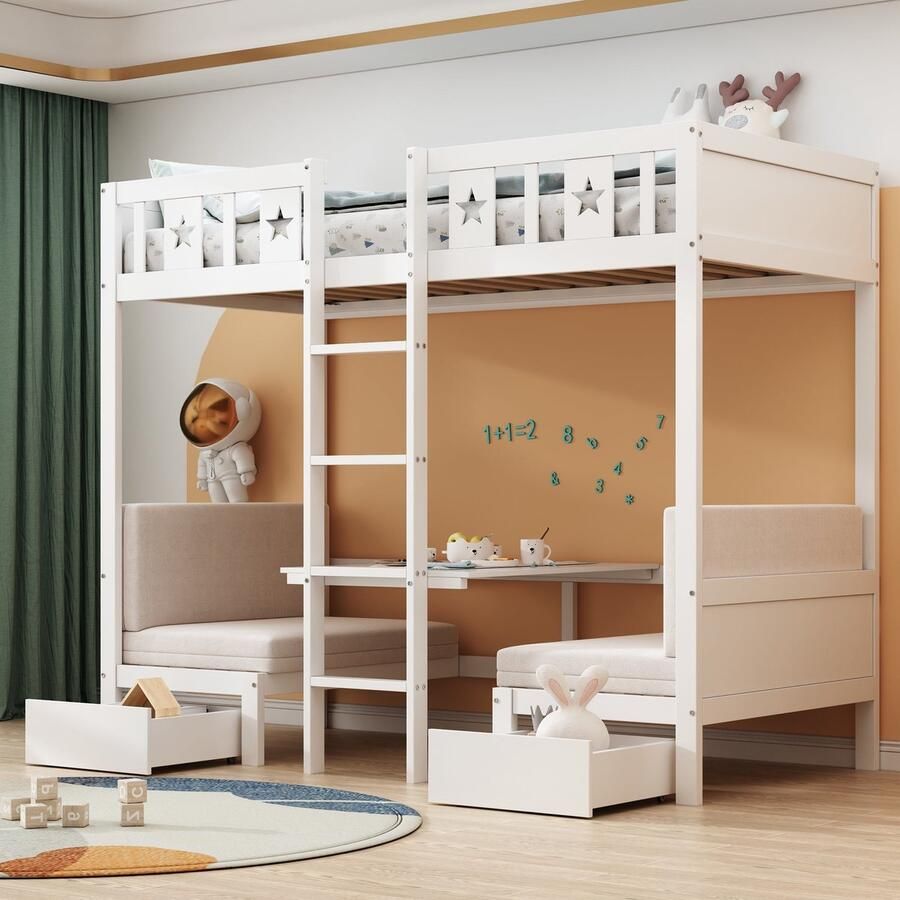 Merax [ niet compleet] Etagenbett 200*90 cm Bett Schreibtisch 2 in 1 selbst gepolstert mit zwei großen Schubladen Bettgestell mit Leiter Holzbett Kinderbett weiß