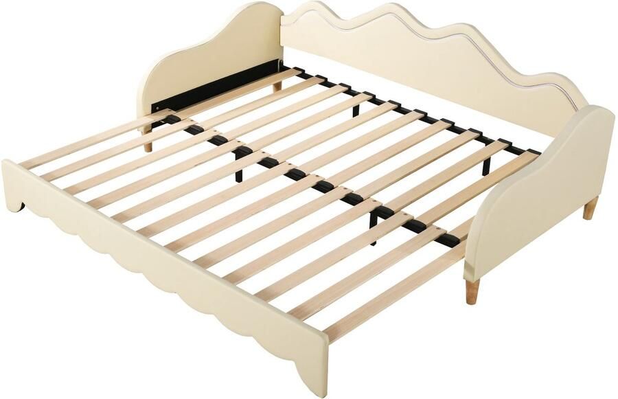 Merax 2-in-1 Multifunctionele Slaapbank 90x190 cm Uitschuifbaar tot 180x190 cm LED-Verlichting Bed van Kunstleer Beige