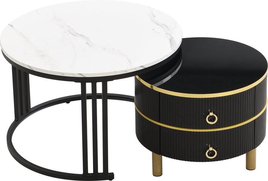 Merax 2-in-1 Ronde MDF Couchtafel met Glanzende en Witte Marmorlook – Bijzettafelset met 2 Laden (70x70x46 + 50x50x40 cm)
