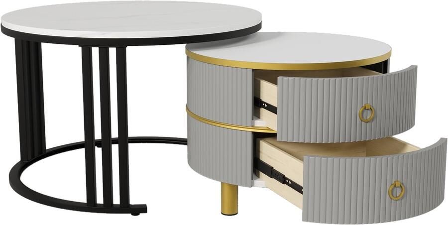 Merax 2-in-1 Ronde Salontafel Set Glanzend MDF Tafel met Marmerlook en 2 Lades – Moderne Grijze Salontafelcombinatie voor de Woonkamer 70x70x46 + 50x50x40 cm - Foto 4