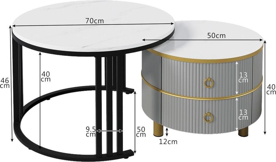 Merax 2-in-1 Ronde Salontafel Set Glanzend MDF Tafel met Marmerlook en 2 Lades – Moderne Grijze Salontafelcombinatie voor de Woonkamer 70x70x46 + 50x50x40 cm - Foto 3