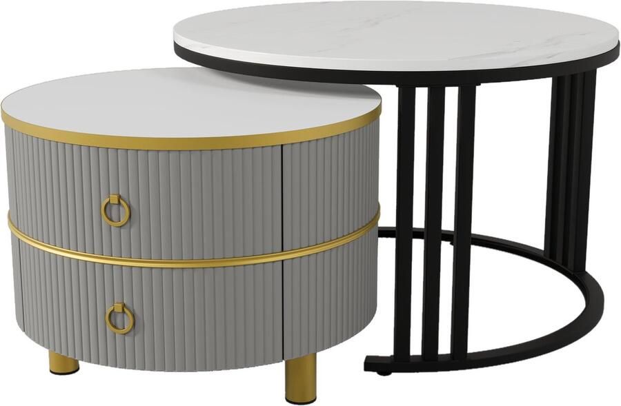 Merax 2-in-1 Ronde Salontafel Set Glanzend MDF Tafel met Marmerlook en 2 Lades – Moderne Grijze Salontafelcombinatie voor de Woonkamer 70x70x46 + 50x50x40 cm