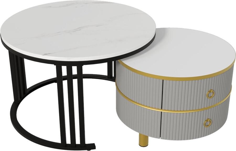 Merax 2-in-1 Ronde Salontafel Set Glanzend MDF Tafel met Marmerlook en 2 Lades – Moderne Grijze Salontafelcombinatie voor de Woonkamer 70x70x46 + 50x50x40 cm - Foto 2