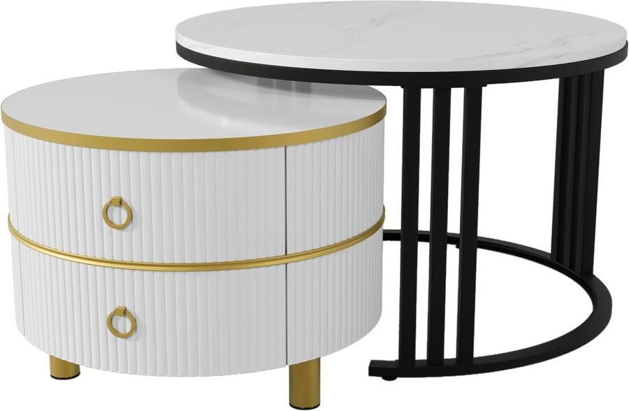 Merax 2-in-1 Ronde Salontafel Set Glanzend MDF Tafel met Wit Marmerlook en 2 Lades – Moderne Woonkamer Combinatie 70x70x46 + 50x50x40 cm