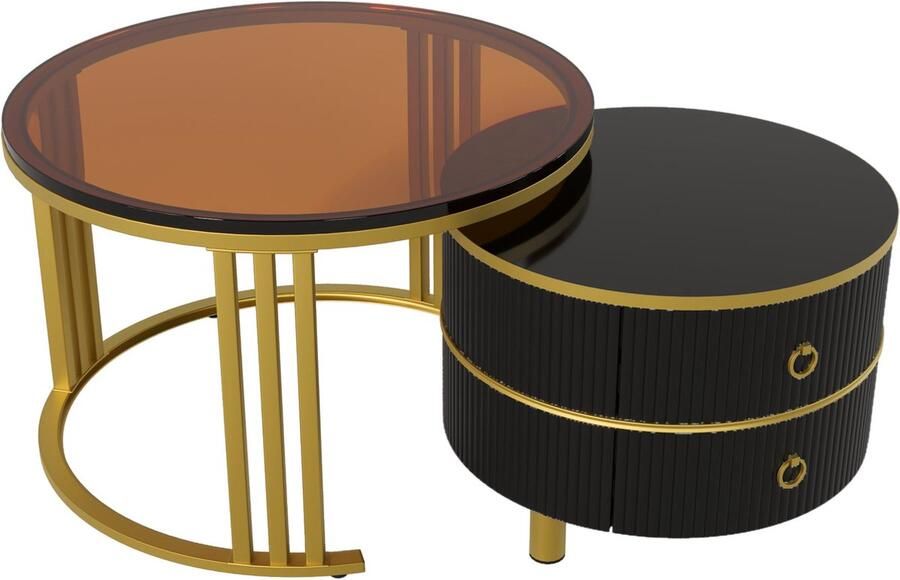 Merax 2-in-1 Ronde Salontafel Set Hoogglans MDF en Geharde Glazen Tafelblad Zwart en Goud Moderne Woonkamercombinatie met 2 Schuiflades 70x70x45 cm + 50x50x40 cm