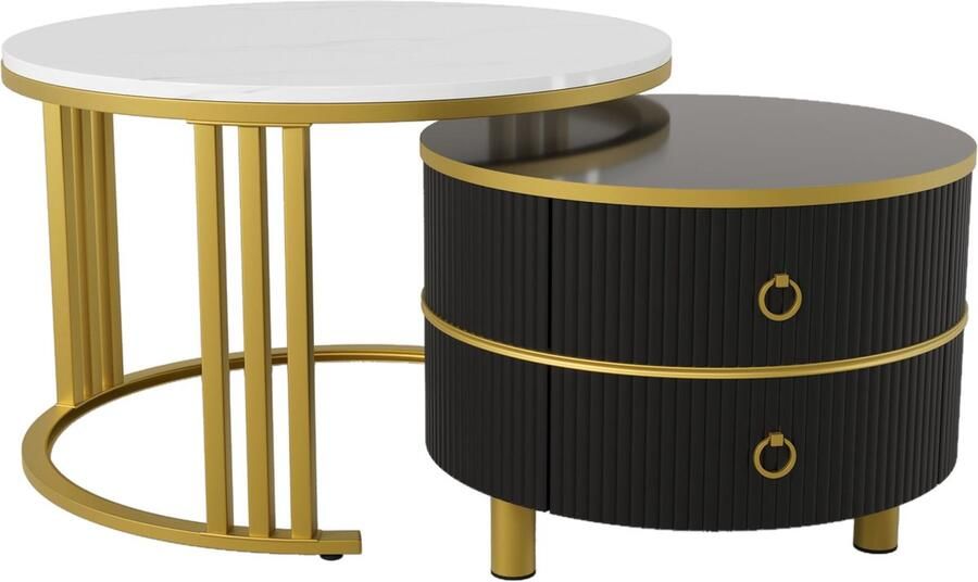 Merax 2-in-1 Ronde Salontafel Set MDF Hoogglans en Witte Marmeren Tafelblad Woonkamercombinatie met 2 Schuiflades 70x70x46 cm + 50x50x40 cm