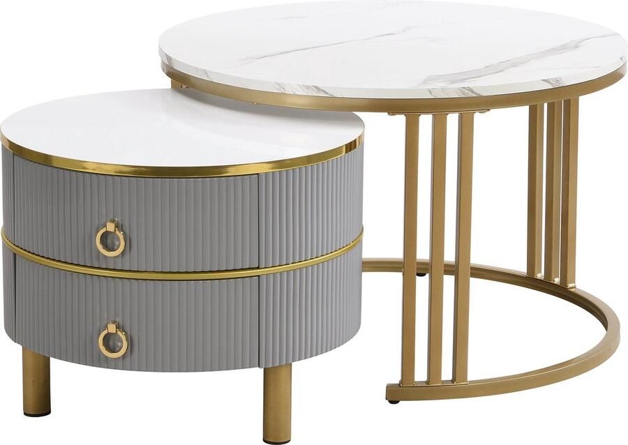 Merax 2-in-1 Ronde MDF Salontafel Set met Glanzende en Marmeren Tafelbladen Woonkamer Combinatie met 2 Schuifladen 70x70x46 + 50x50x40 cm