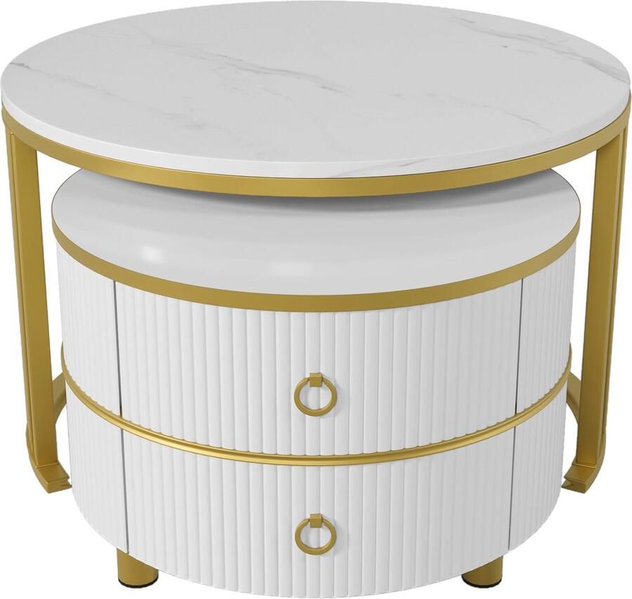 Merax 2-in-1 runder MDF-Couchtisch Beistelltisch mit glänzender Platte und 1 weißer Marmorplatte Wohnzimmer-Couchtischkombination mit 2 Schubladen 70*70*46 + 50*50*40 cm - Foto 2