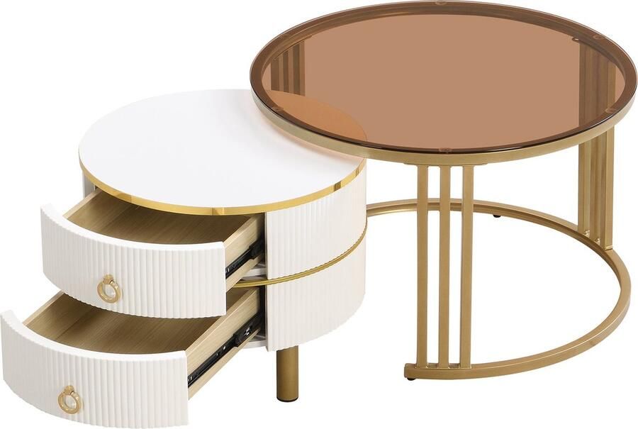 Merax 2-in-1 Ronde Salontafel Set van MDF met 1 Witte en 1 Bruine Geharde Glazen Blad Salontafelcombinatie met 2 Lades 70x70x45 + 50x50x40 cm