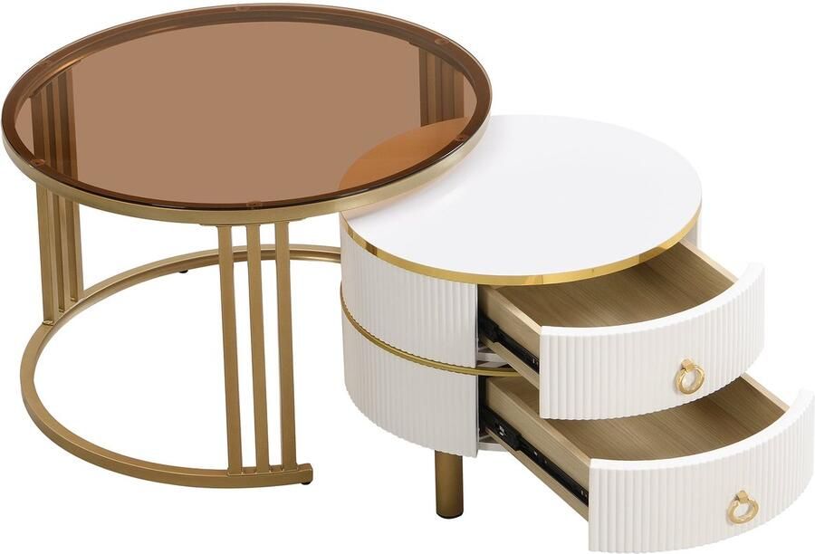 Merax 2-in-1 Ronde Salontafel Set van MDF met 1 Witte en 1 Bruine Geharde Glazen Blad Salontafelcombinatie met 2 Lades 70x70x45 + 50x50x40 cm