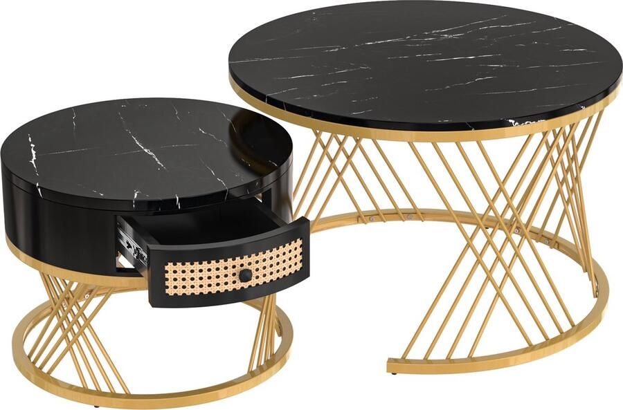 Merax 2-in-1 Ronde Salontafel Set – Zwart & Goud – MDF Tafel met Marmerlook Blad en Rotan Lade – Moderne Bijzettafels – 70x70x45 5 + 50x50x38 5 cm