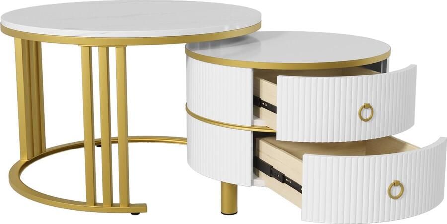 Merax 2-in-1 runder MDF-Couchtisch Beistelltisch mit glänzender Platte und 1 weißer Marmorplatte Wohnzimmer-Couchtischkombination mit 2 Schubladen 70*70*46 + 50*50*40 cm
